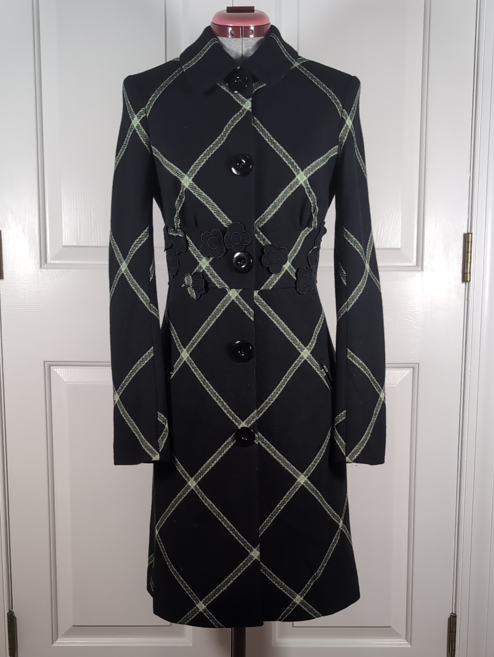 Tocca Vintage Black Green Plaid Trench Coat Wool Silk Lined Fit Flare Jacket 4
